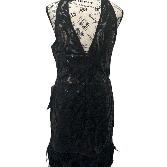 Minuet Petite Black Lace Sequin Halter Feather Hem Mini Dress L NWT - Picture 5 of 10